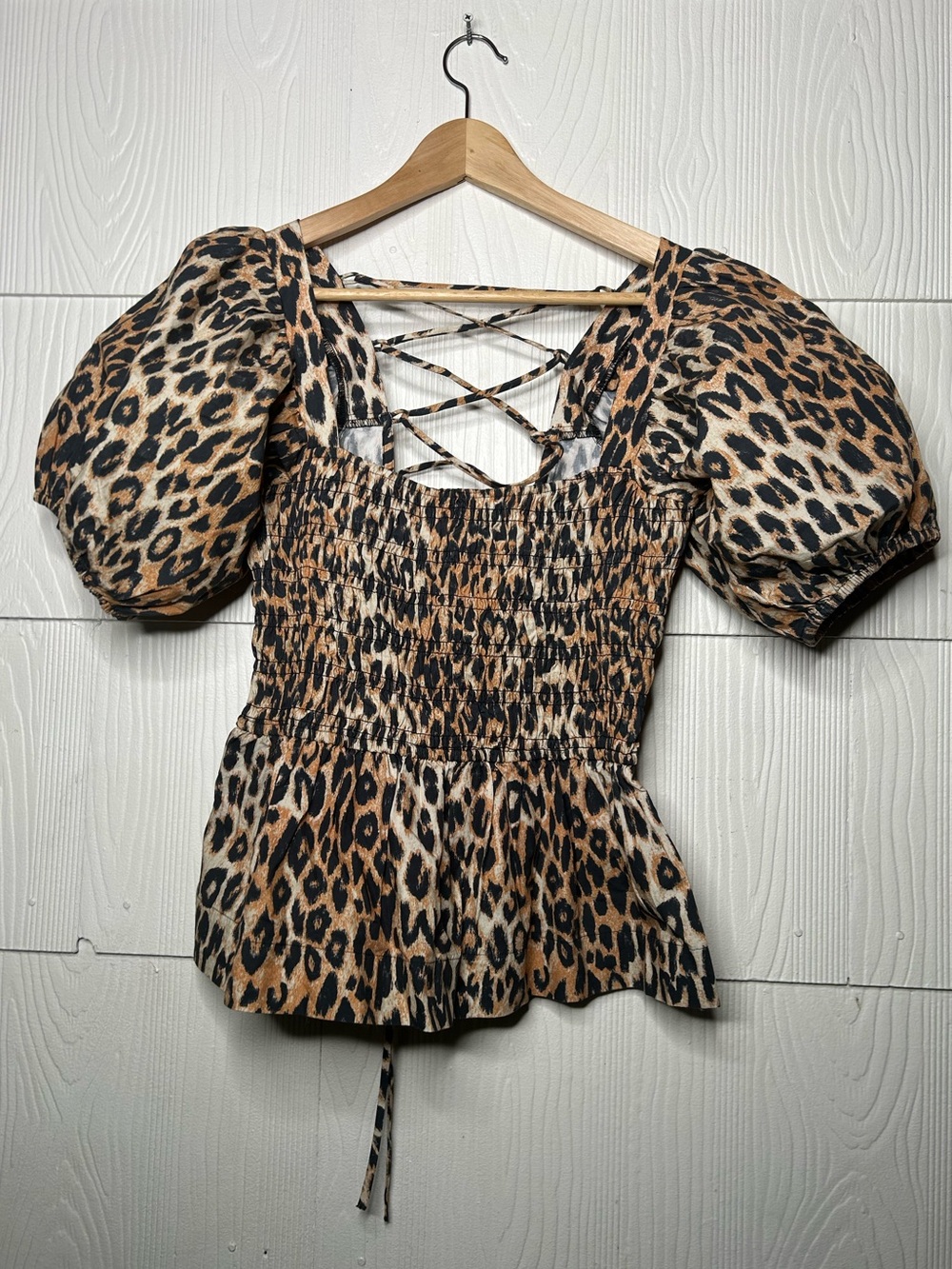 Damson Madder Leopard Print Puff Sleeve Smocked Top - Brown/Black
